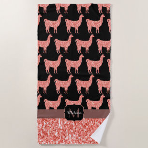 Llama pink coral glitter Sparkles pattern Monogram Beach Towel