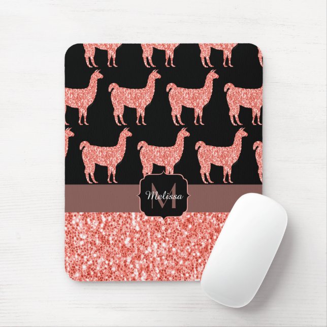 Llama pink coral glitter Sparkles pattern Monogram Mouse Pad (With Mouse)