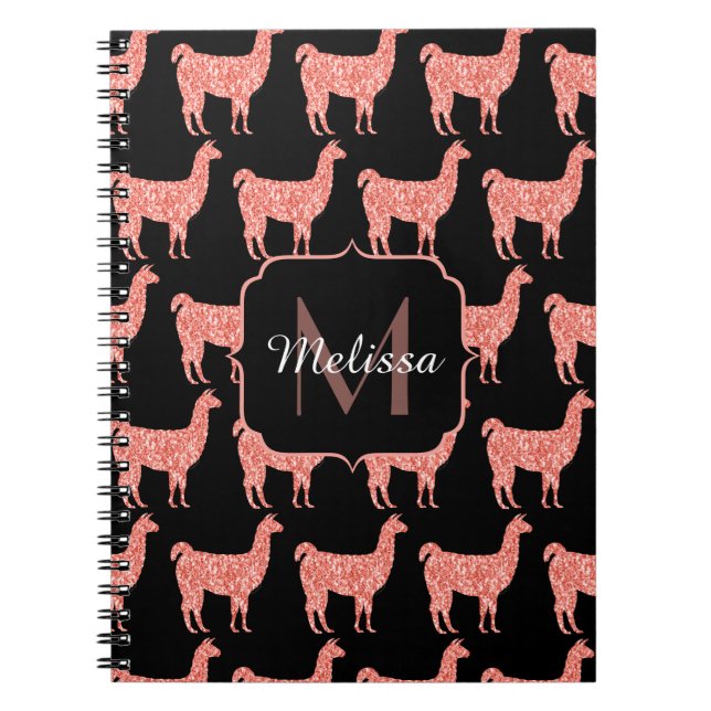 Llama pink coral glitter Sparkles pattern Monogram Notebook (Front)