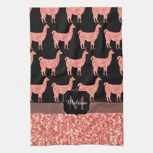 Llama pink coral glitter Sparkles pattern Monogram Tea Towel
