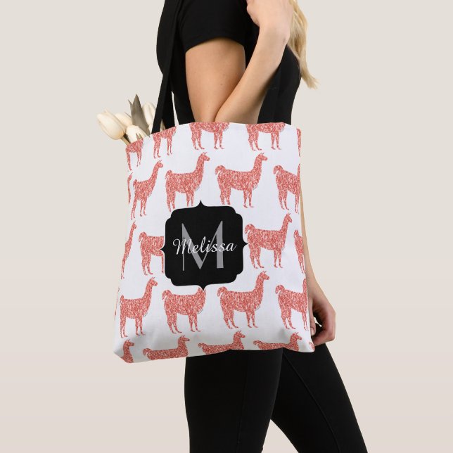 Llama pink coral glitter Sparkles pattern Monogram Tote Bag (Close Up)