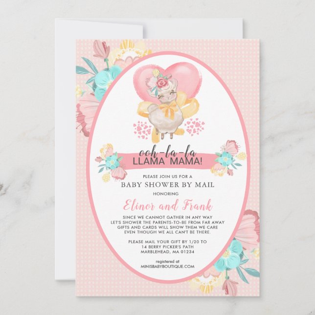 Llama Pink Floral Baby Shower by Mail Invitation (Front)