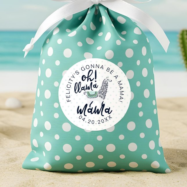Llama Polka Dot Typographic Oh Llama Mama Shower Classic Round Sticker (Llama Polka Dot Typographic Oh Llama Mama Shower Classic Round Sticker)