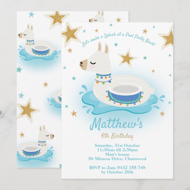 Llama Pool Party Birthday Invitation Boys (Front/Back)