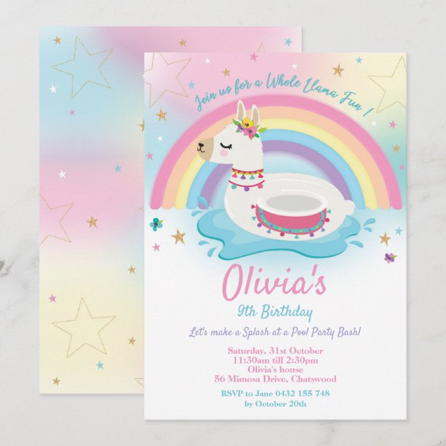 Llama Pool Party Birthday Invitation Girls (Front/Back)