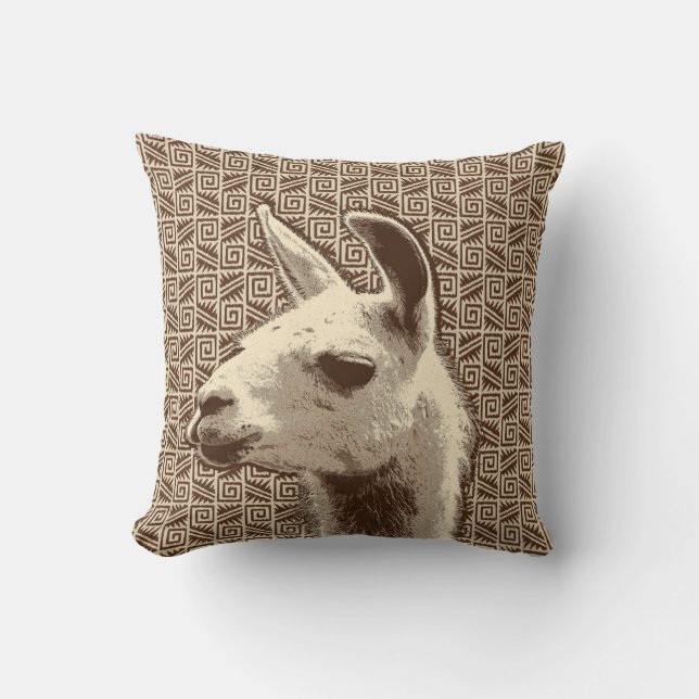 Llama Portrait on Aztec Pattern, Beige & Brown Cushion (Front)