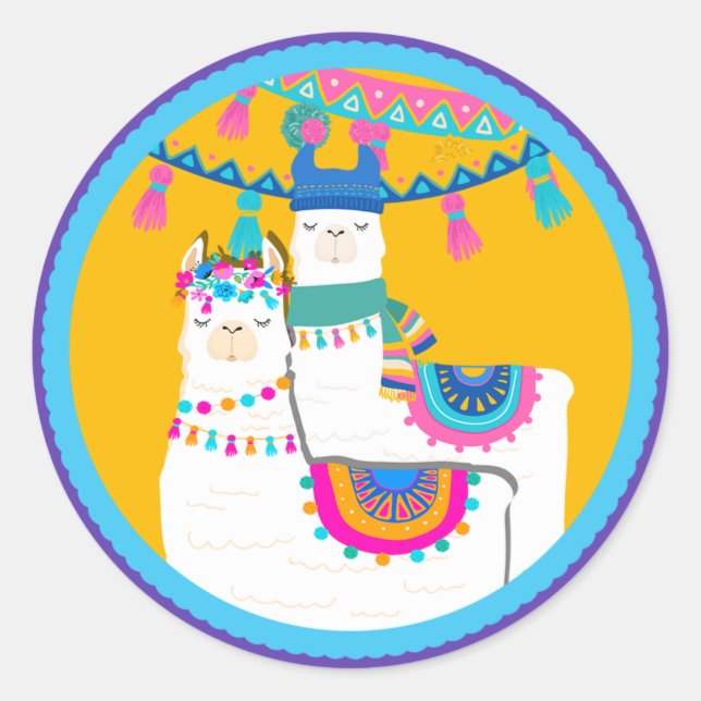 Llama Purple Blue Yellow Colourful Birthday Party Classic Round Sticker (Front)