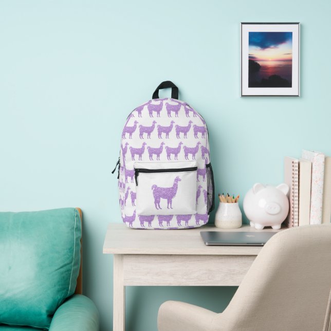 Llama purple glitter sparkles pattern white  printed backpack (Insitu)
