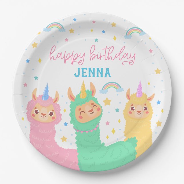 Llama Rainbow and Stars Birthday Party Paper Plate (Front)