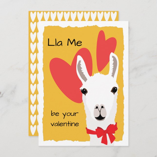 Llama Red Hearts Mustard-Lla Me be your valentine Holiday Card (Front/Back)