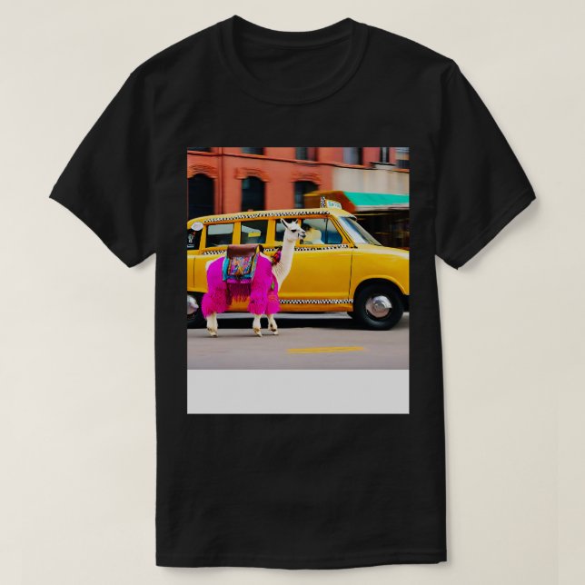 Llama Riding in Taxi Happy Llama T-Shirt (Design Front)