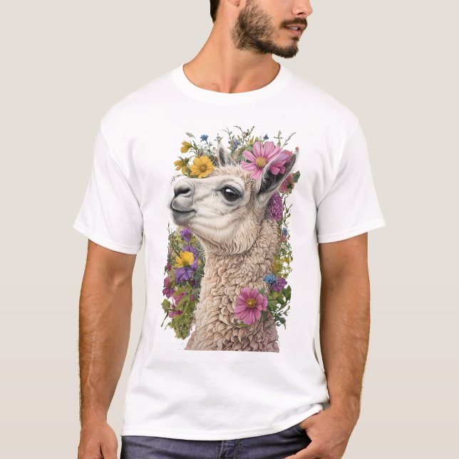 Llama Side Profile With Vibrant Floral T-Shirt (Front)