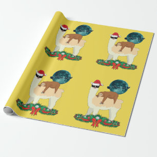 Llama Sloth Christmas Santa's Sleigh Silhouette Wrapping Paper