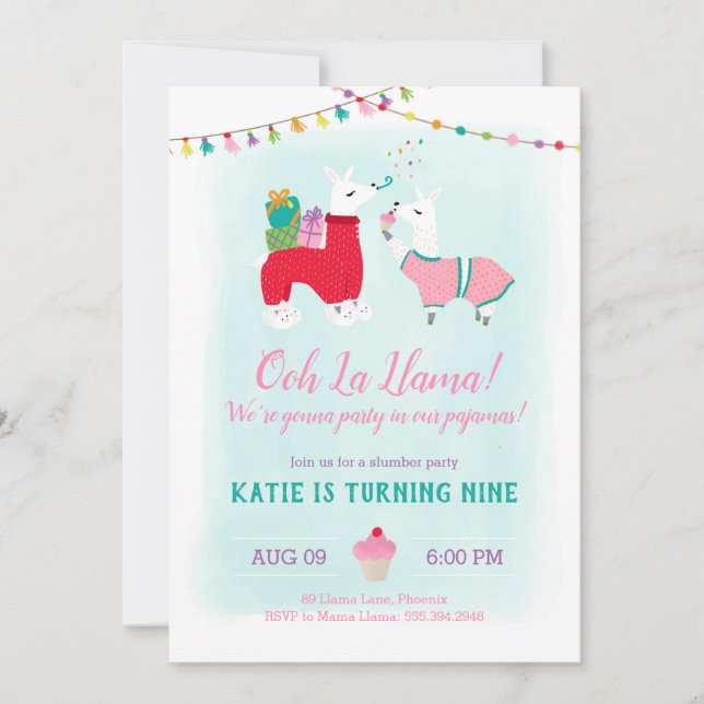 Llama Slumber Party Birthday Invitation (Front)