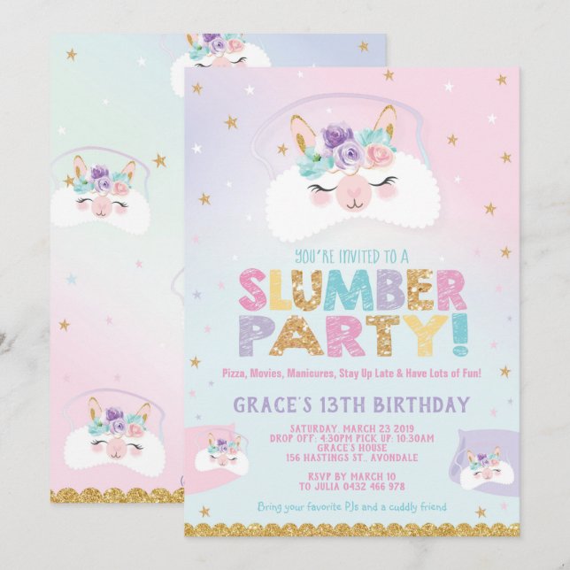 Llama Slumber Party Birthday Invitation Sleepover (Front/Back)