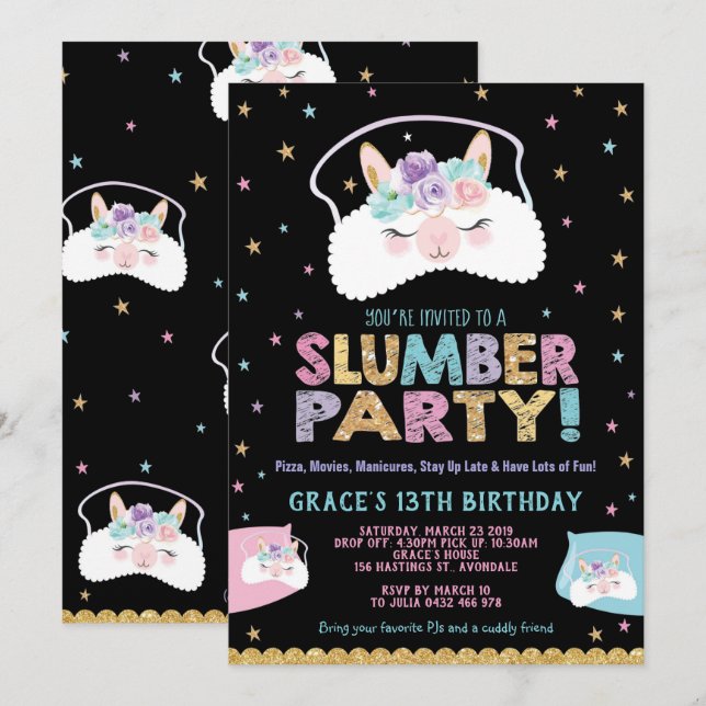 Llama Slumber Party Birthday Invitation Sleepover (Front/Back)