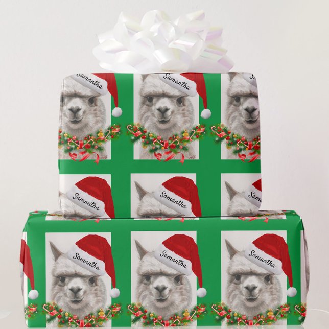 Llama Smiles Santa Hat Custom Name Christmas Wrapping Paper (Creator Uploaded)