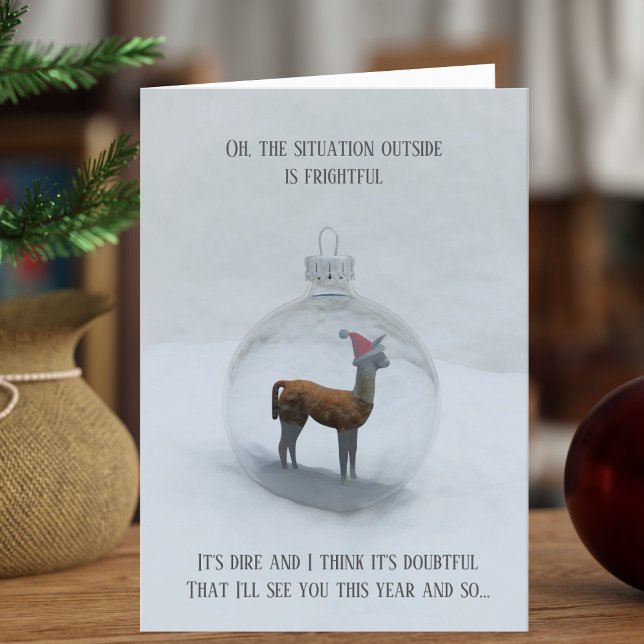 Llama Snow Bauble Funny Christmas Card (A fun and festive llama in a Christmas ornament. What's more christmassy than that?)