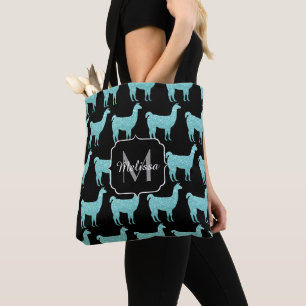 Llama Turquoise glitter Sparkles pattern Monogram Tote Bag