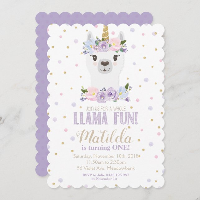 Llama Unicorn Birthday Invitation Purple Floral (Front/Back)