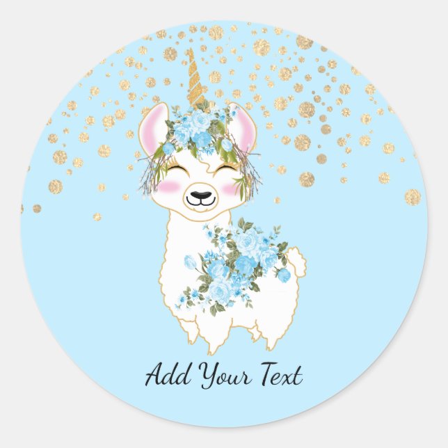 Llama Unicorn - Blue Classic Round Sticker (Front)