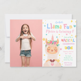Llama Unicorn Photo Magical Kids Birthday Invitation