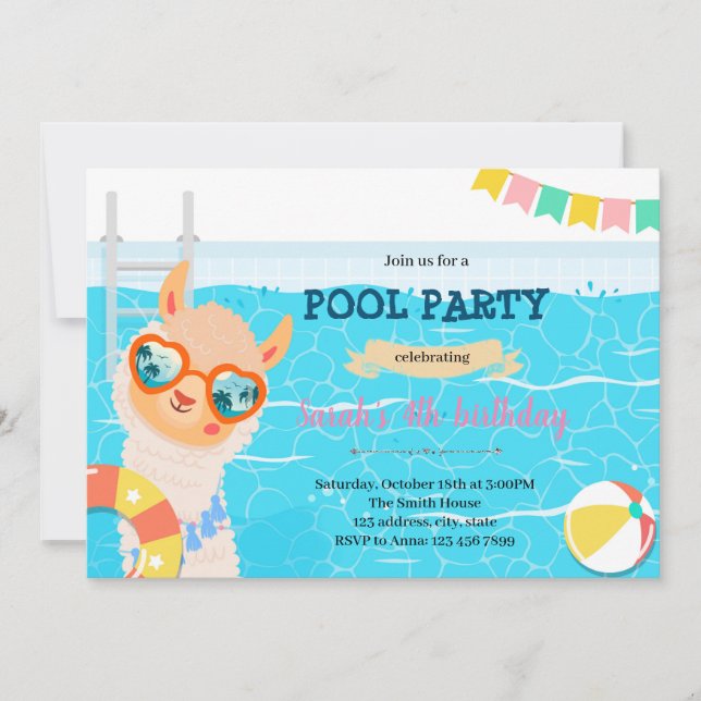 Llama unicorn pool birthday party invitation (Front)