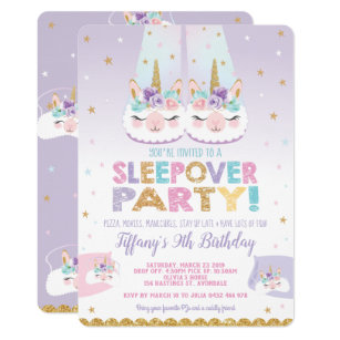 Llama Unicorn Sleepover Birthday Party Slumber Invitation