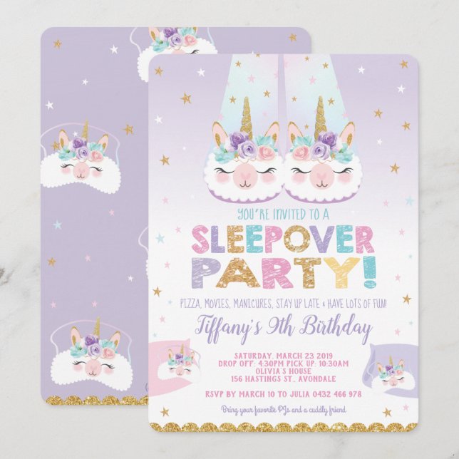 Llama Unicorn Sleepover Birthday Party Slumber Invitation (Front/Back)