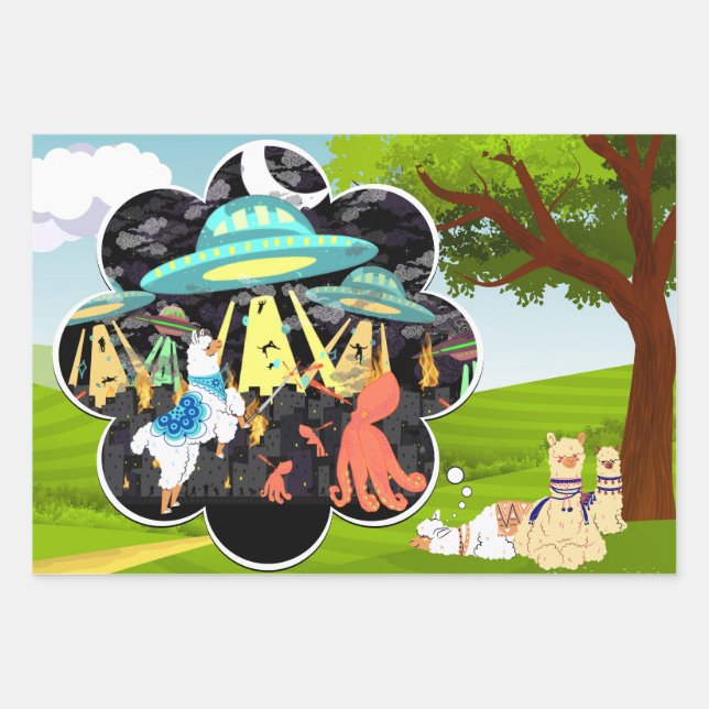 Llama vs Evil Squid Epic Space Battle Wrapping Paper Sheet (Front 3)