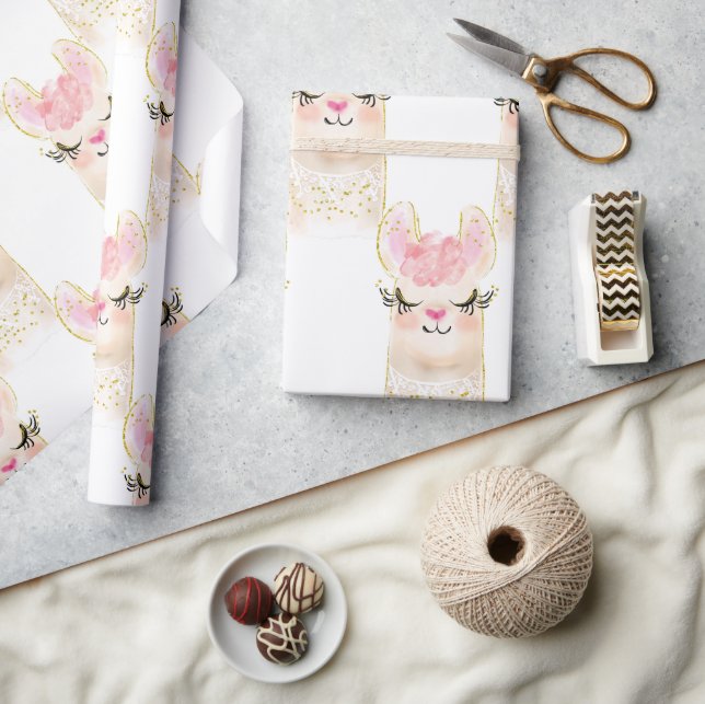 Llama Watercolor Pink Gold Modern Wrapping Paper (Crafts)