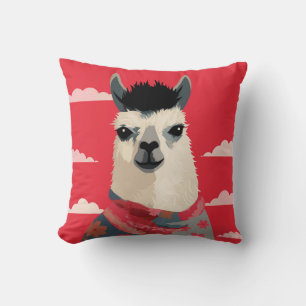 Llama Wearing Floral Scarf Under Red Sky Cushion
