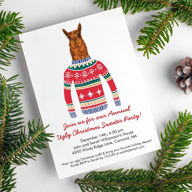 Llama Wearing Funny Ugly Christmas Nordic Sweater Invitation (Creator Uploaded)