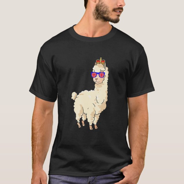 Llama Wearing Sunglasses And Crown England UK Flag T-Shirt (Front)