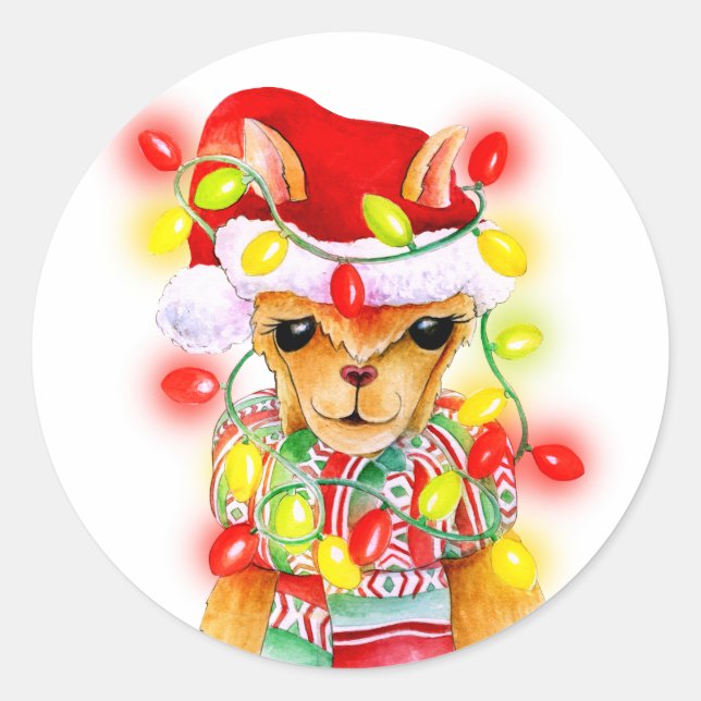Llama whimsical Christmas holiday watercolor art Classic Round Sticker (Front)