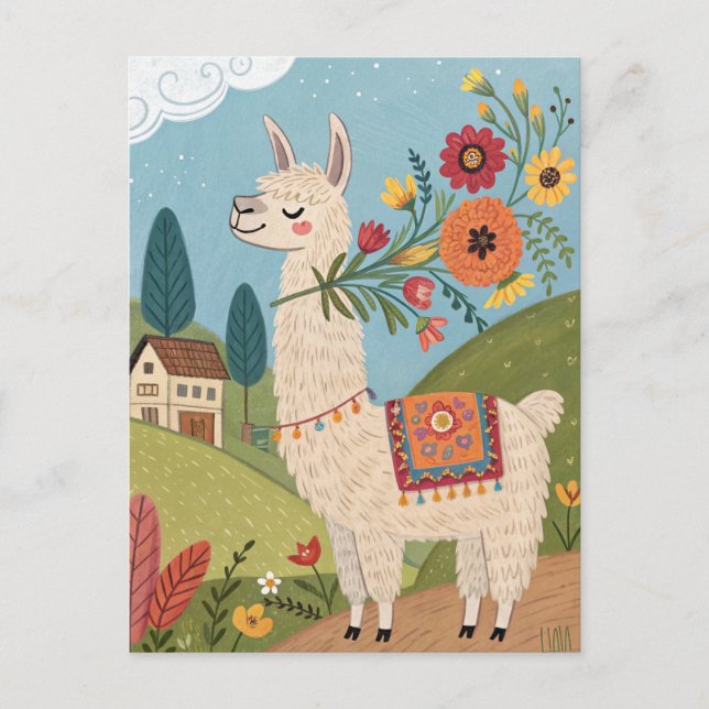 Llama with flowers folk art postcard (Front)