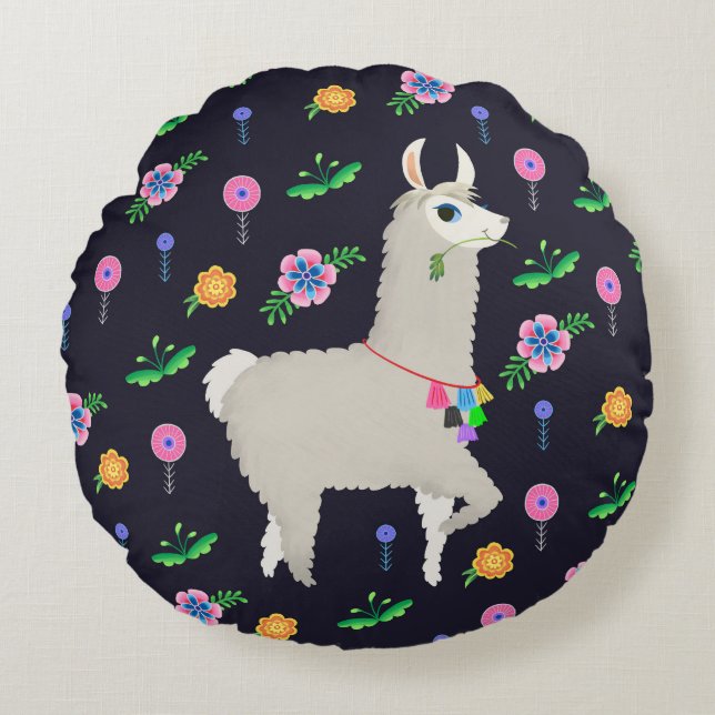 Llama with Flowers Round Cushion (Front)