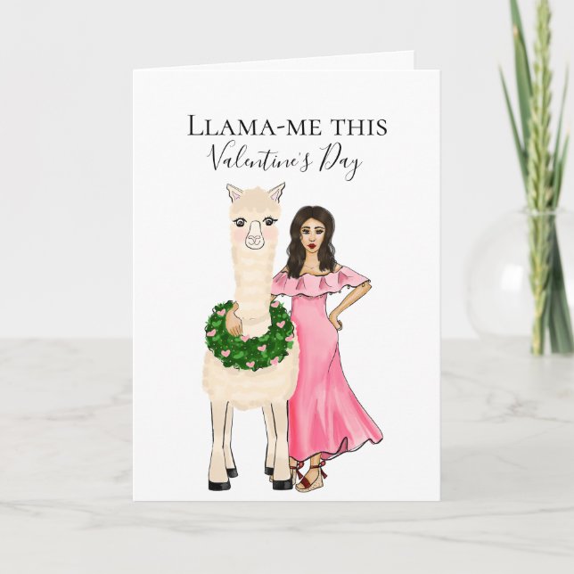 Llama with Hearts Wreath and Female Illustration Holiday Card (Front)