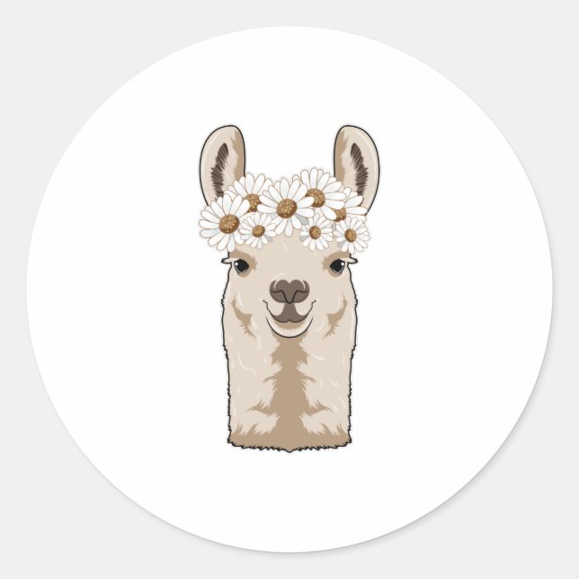 Llama with white Blossoms Classic Round Sticker (Front)