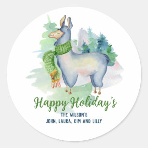 Llama Wreath Watercolor Happy Holidays Custom Classic Round Sticker