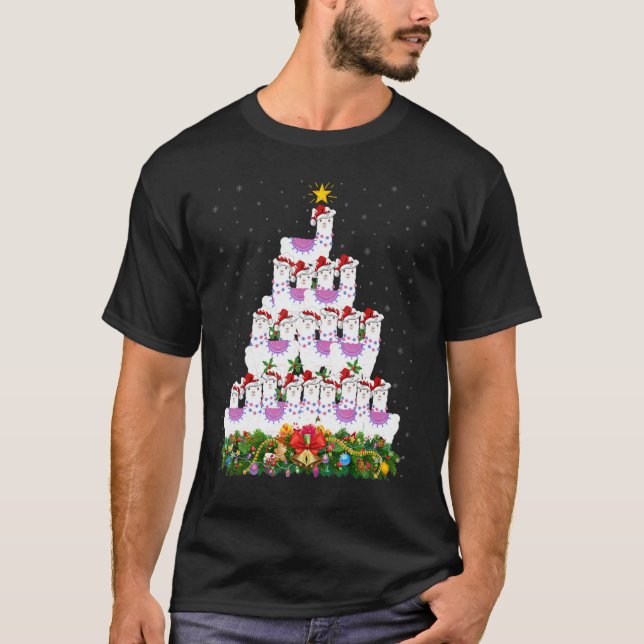 Llama  Xmas Lights Santa Llama Christmas Tree T-Shirt (Front)