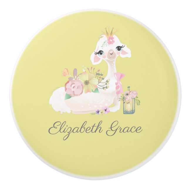 Llama Yellow and White with Flowers Baby  Ceramic Knob (Front)