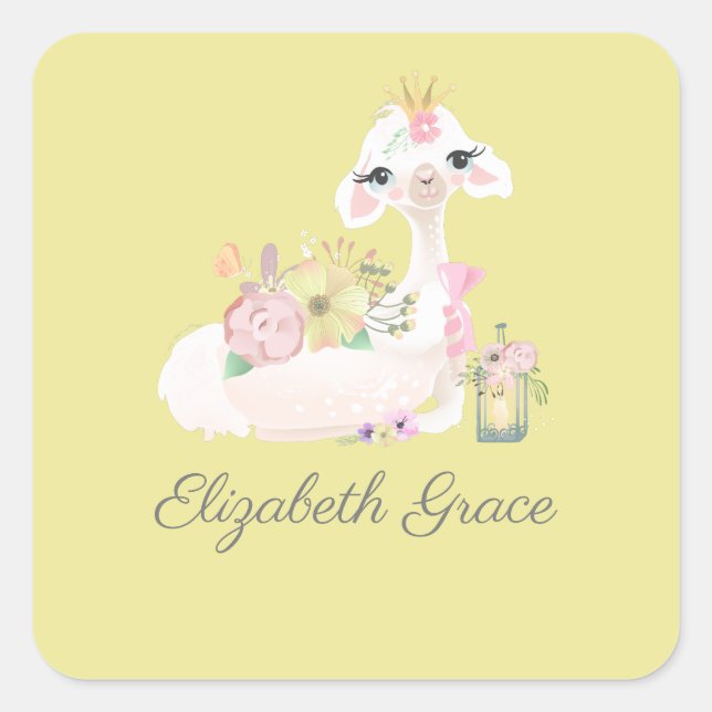 Llama Yellow and White with Flowers Baby  Square Sticker (Front)