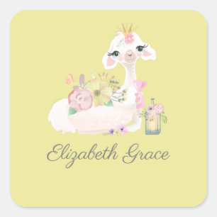 Llama Yellow and White with Flowers Baby  Square Sticker