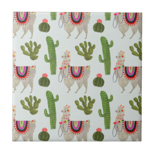 Llamarama Collection   Cactus & Llama Pattern Ceramic Tile