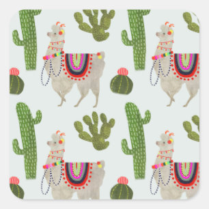 Llamarama Collection   Cactus & Llama Pattern Square Sticker