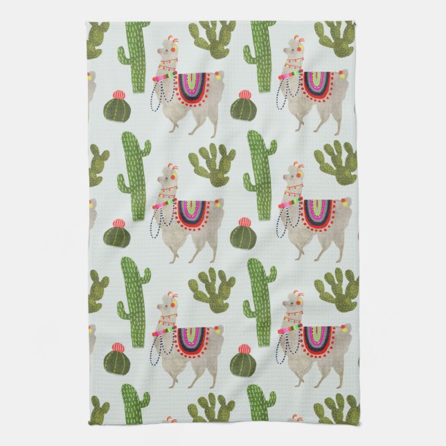 Llamarama Collection | Cactus & Llama Pattern Tea Towel (Vertical)