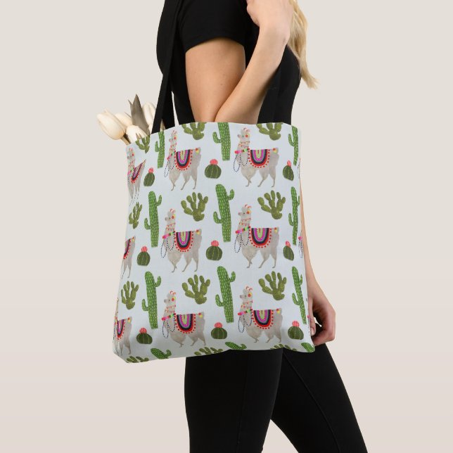 Llamarama Collection | Cactus & Llama Pattern Tote Bag (Close Up)