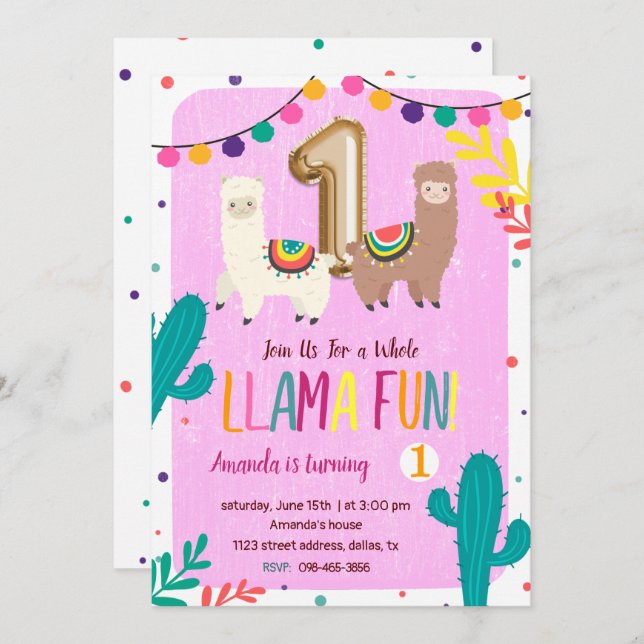 Llamas 1st Birthday Invitation (Front/Back)