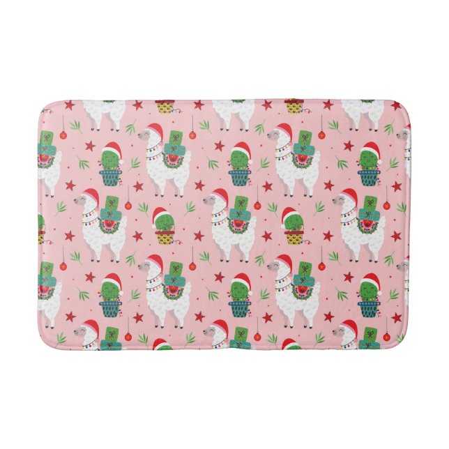 Llamas and Cacti Christmas Pattern Bath Mat (Front)